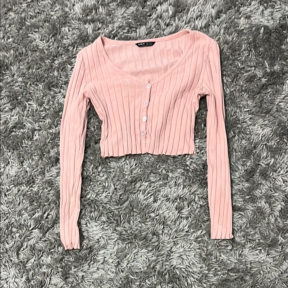 Button Front Lettuce Trim Rib-Knit Tee